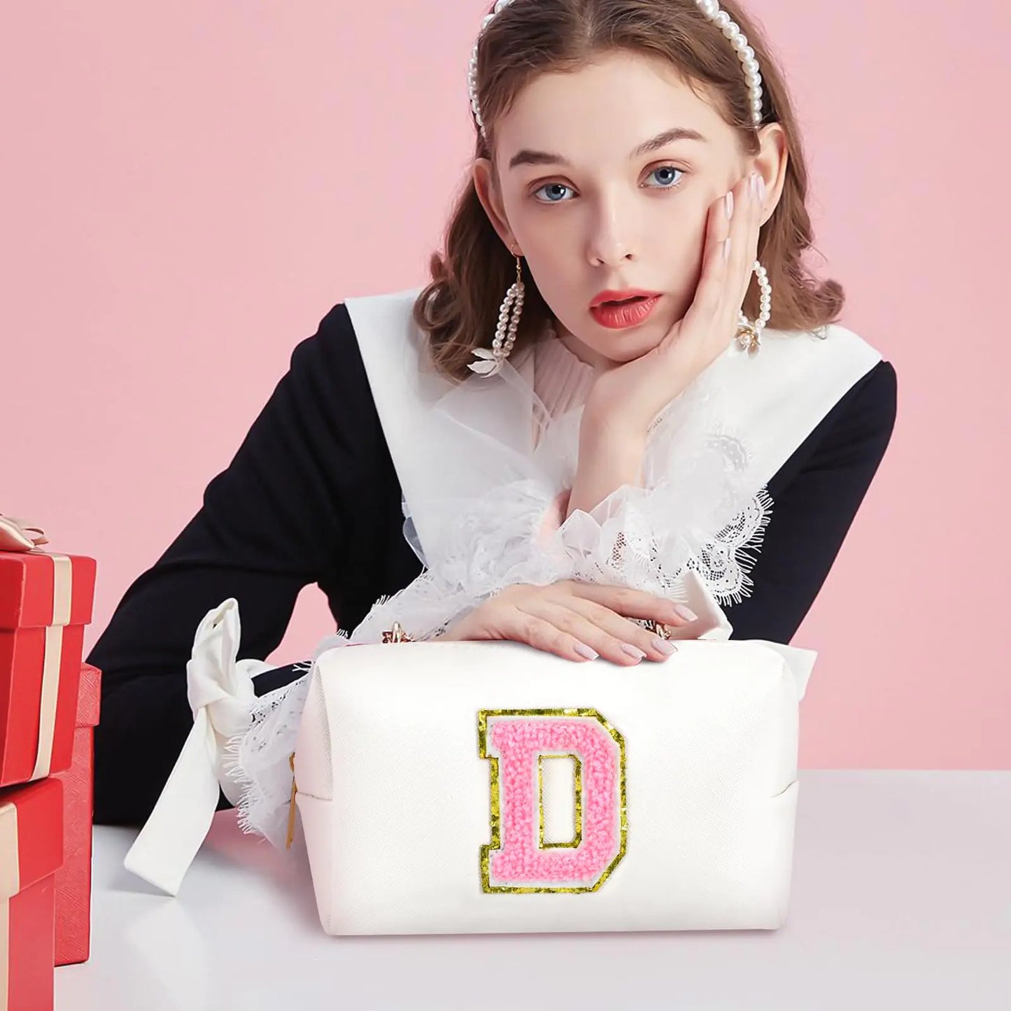 Monogrammed Makeup Bag Case for Cosmetics White-Pink D Initial