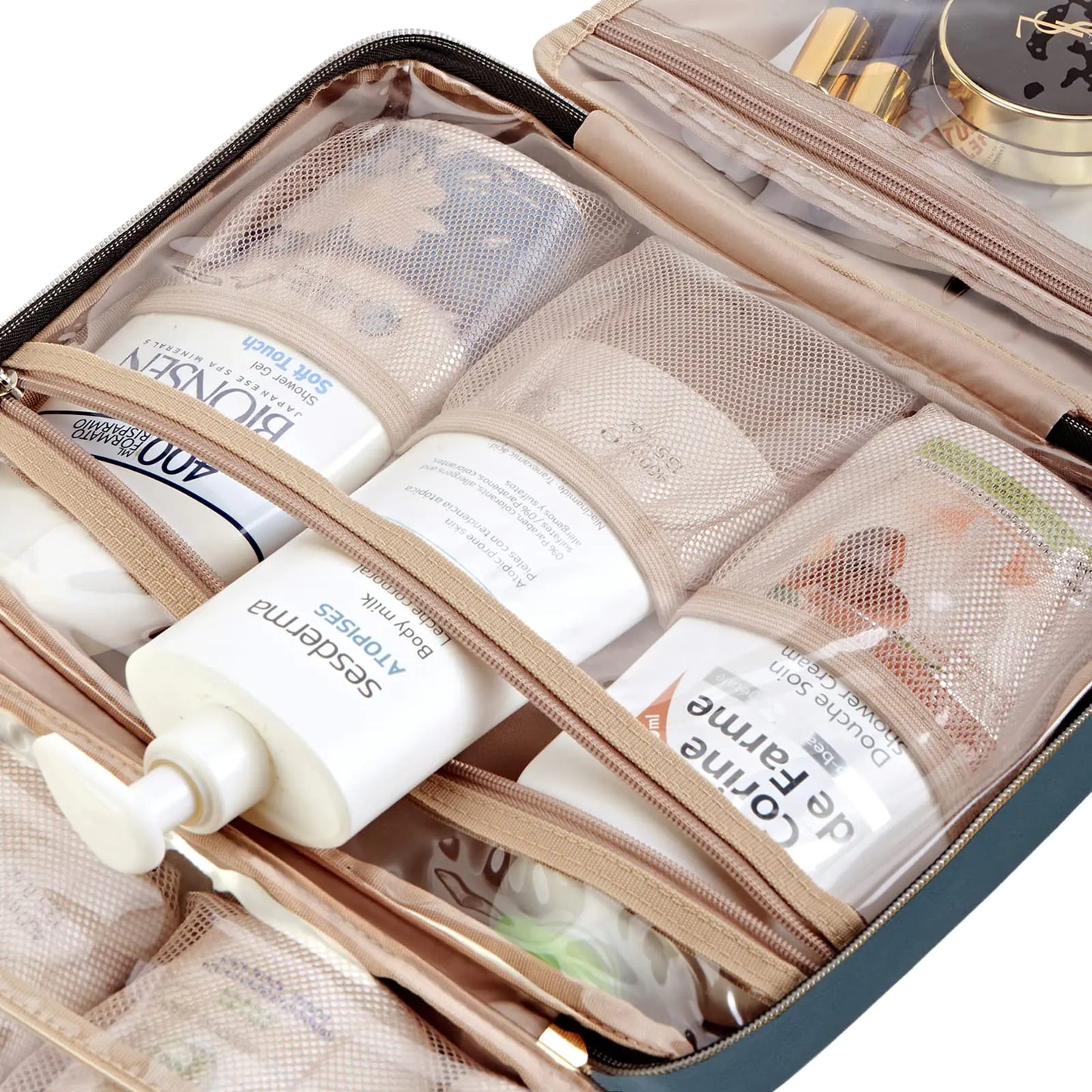 NISHEL Travel Toiletry Bag for Women, Large Portable Hanging Organizer for Makeup Toiletries and Accessories, Lake-Blue