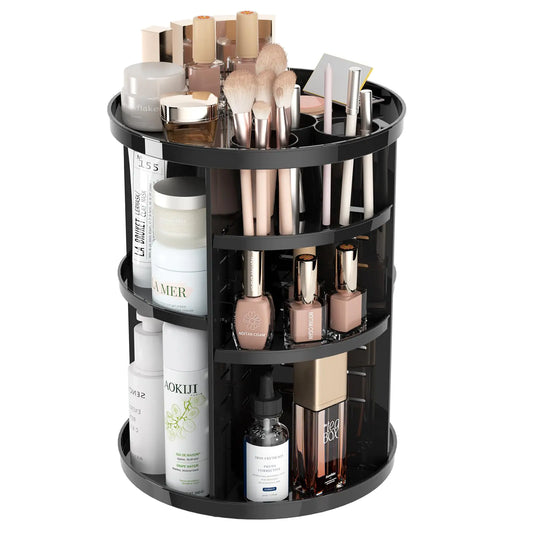 Rotating Makeup Organizer for Vanity, 360 Spinning Cosmetic Organizer with Adjustable Trays, Black