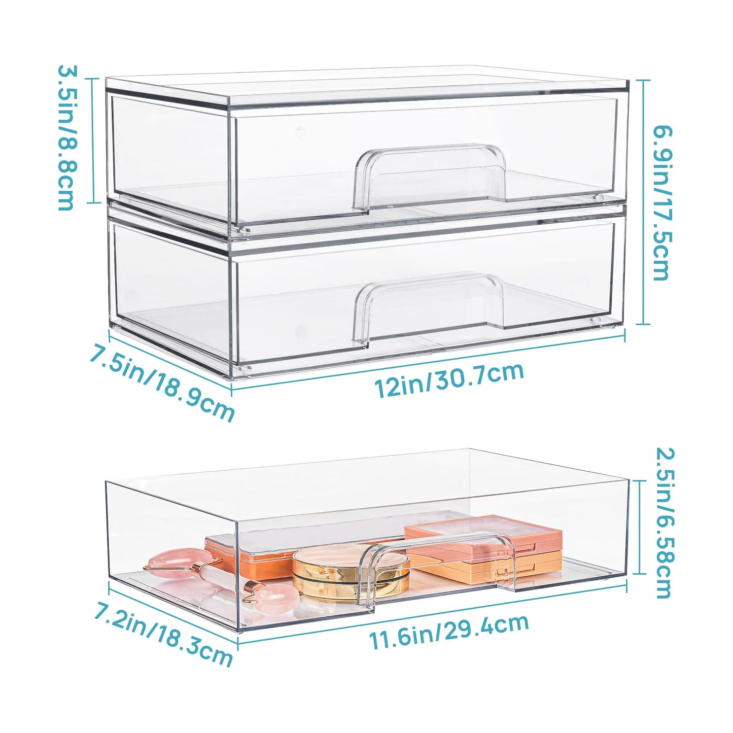 Clear Stackable Drawers for Organizing Plastic Storage Bins for Clothes, Bathroom, Kitchen and Home Storage