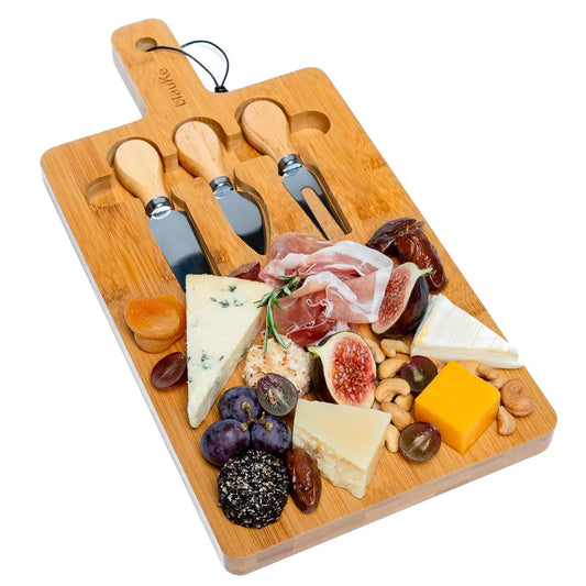 Bamboo Cheese Board and Knife Set, 12x8 Inch Charcuterie Board with Magnetic Cutlery Storage