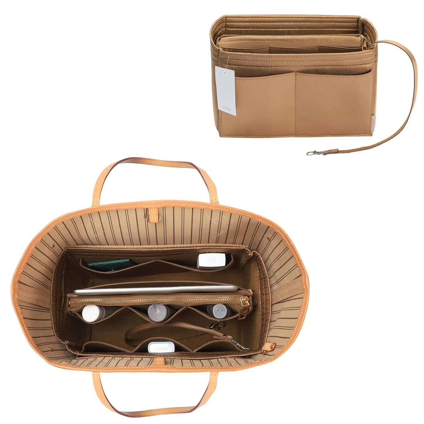 ZTUJO Purse Organizer Insert with Metal Zipper, Handbag & Tote Shaper, Slender Large Silky Brown