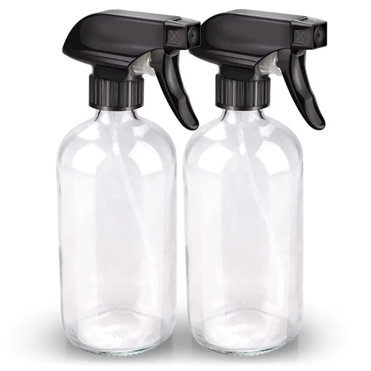 2-Pack Glass Spray Bottles 16 oz with Adjustable Nozzle, Set & Accessories for Cleaning Clear & Refillable