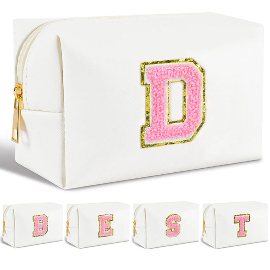 Monogrammed Makeup Bag Case for Cosmetics White-Pink D Initial