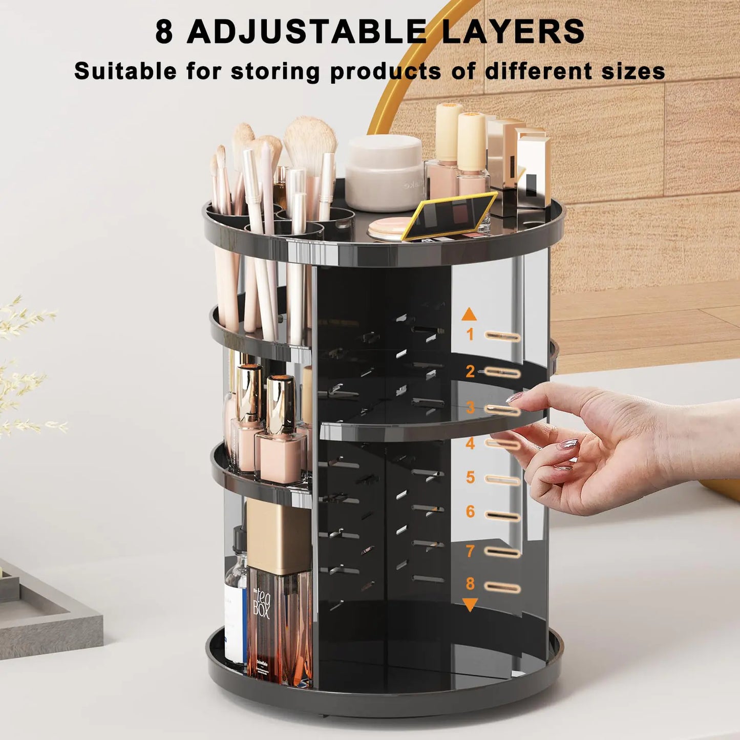 Rotating Makeup Organizer for Vanity, 360 Spinning Cosmetic Organizer with Adjustable Trays, Black