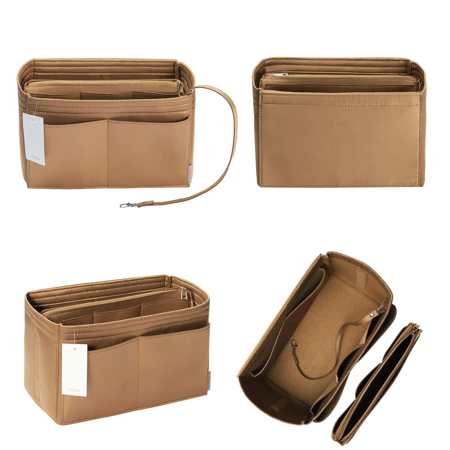 ZTUJO Purse Organizer Insert with Metal Zipper, Handbag & Tote Shaper, Slender Large Silky Brown