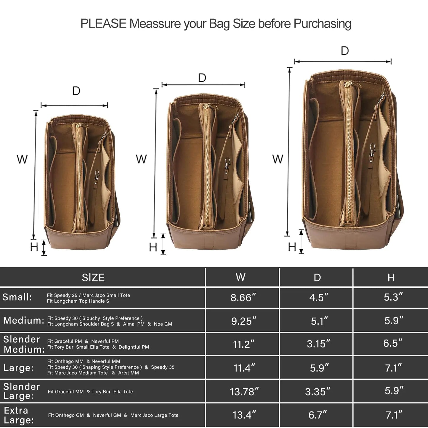 ZTUJO Purse Organizer Insert with Metal Zipper, Handbag & Tote Shaper, Slender Large Silky Brown