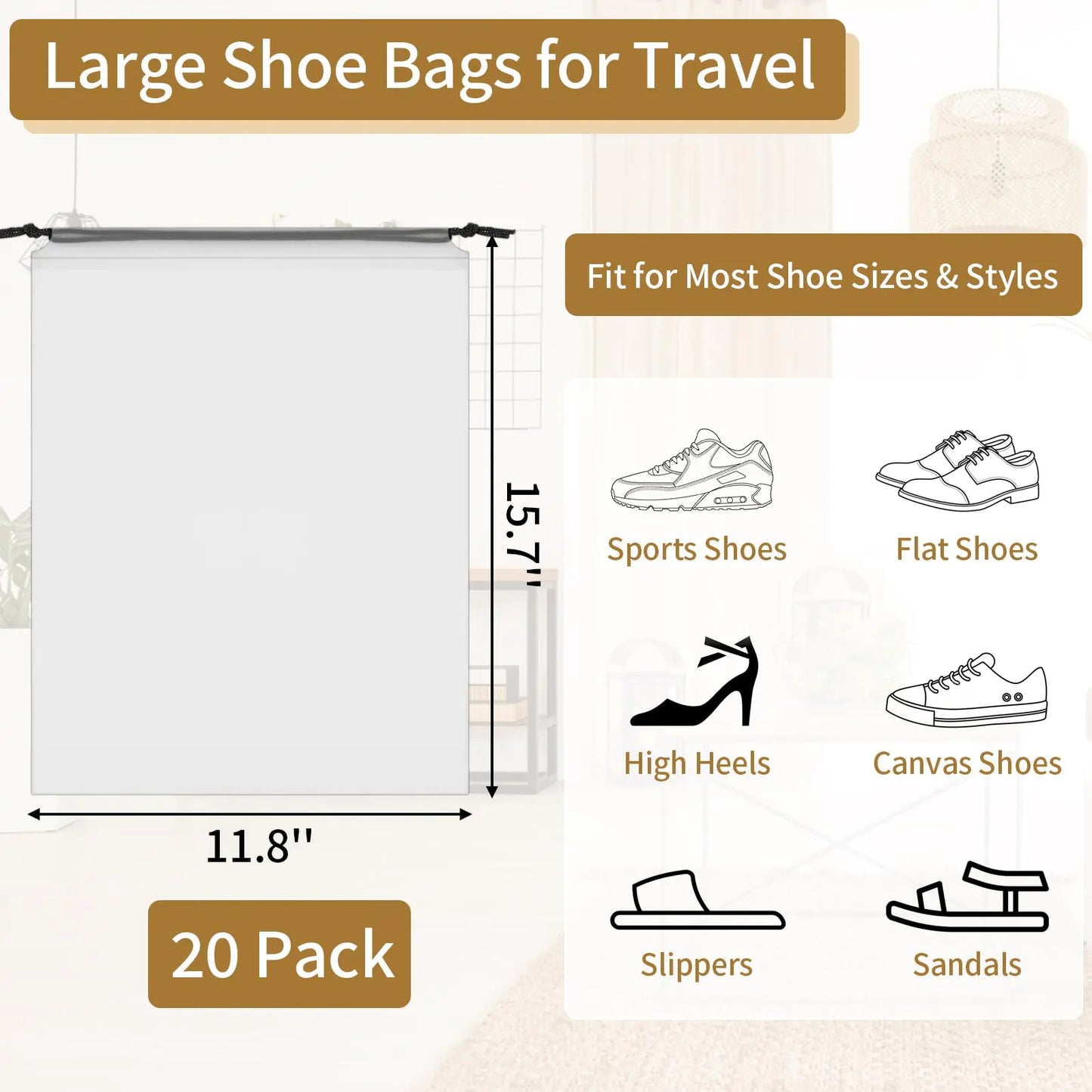 20 Shoe Bags for Travel Packing 15.7" x 11.8", Large Clear Waterproof with Drawstring