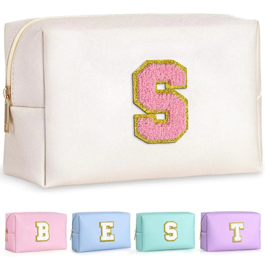 Monogrammed Leather Cosmetic Bag for Women, PU Leather Waterproof, Pearly White-Pink S Initial